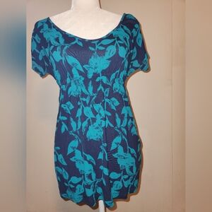 Y2k Forever 21 Navy Blue And Teal Print Short Sleeve Babydoll Tunic Medium M EUC